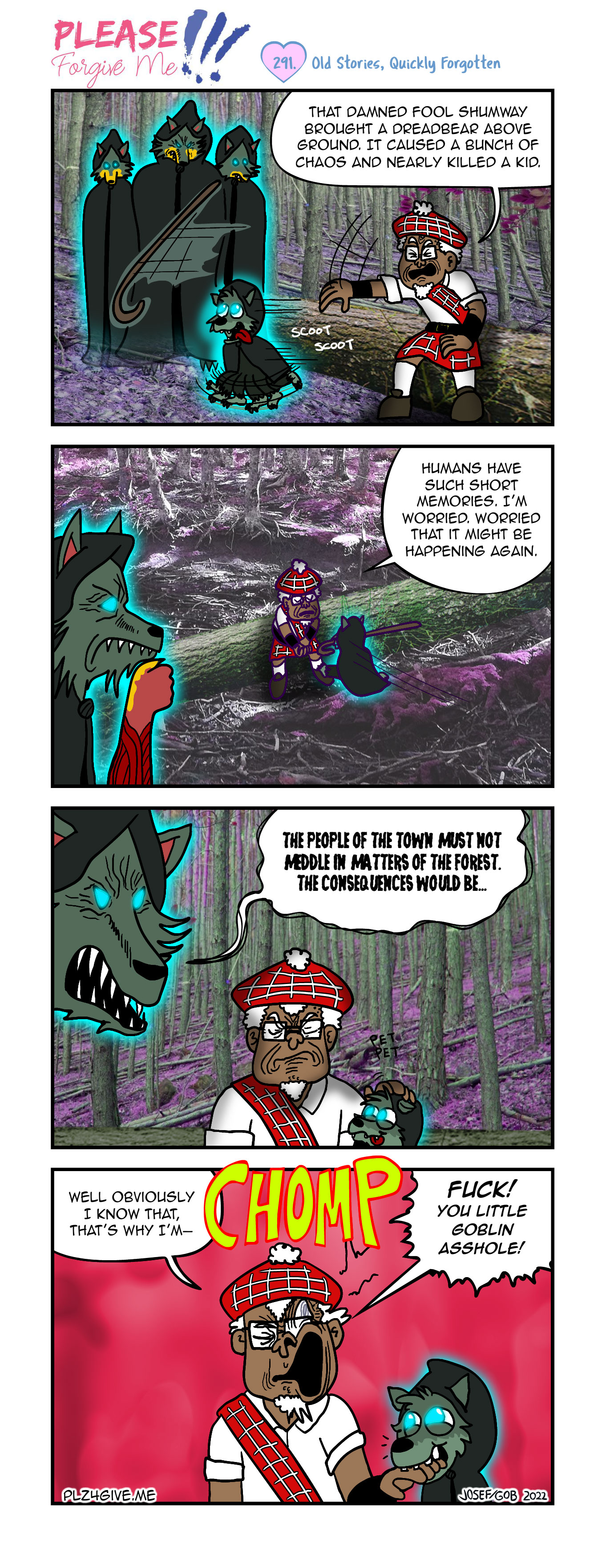 I have a lot of fun doing these pine barrens comics. I love the pinewolves, the oddly realistic setting, and I love Pup. I started using a more legible font for the pinewolves. I think it's important to be able to read what characters are saying. I also think it's important that alt text started in comic 153.